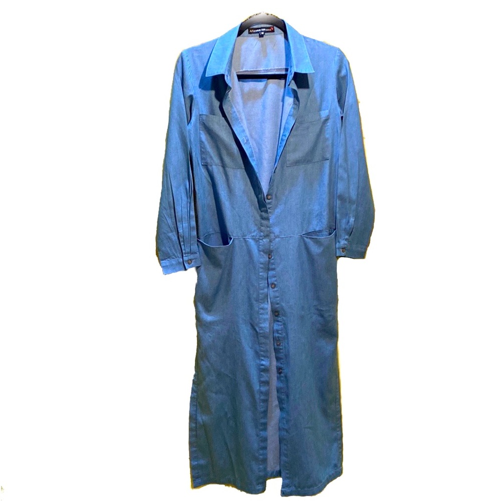 DENIM DUSTER BLUE LONG SLEEVES COLLAR SPLITS SZ XS - Picture 1 of 11
